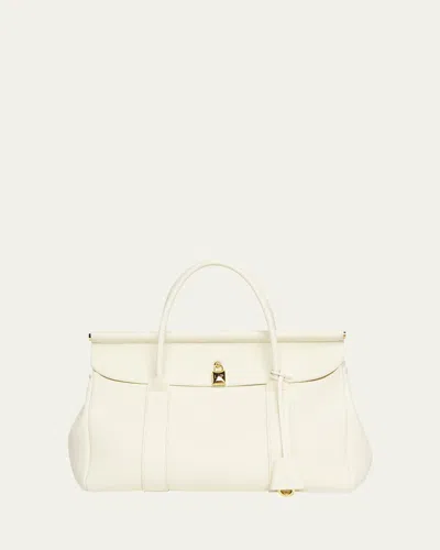 Loro Piana Loom 32 Grained Leather Top-handle Bag In Whisper White