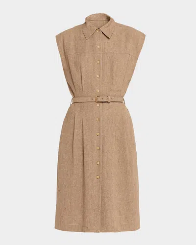 LORO PIANA MAISE BELTED WOVEN LINEN SHIRTDRESS