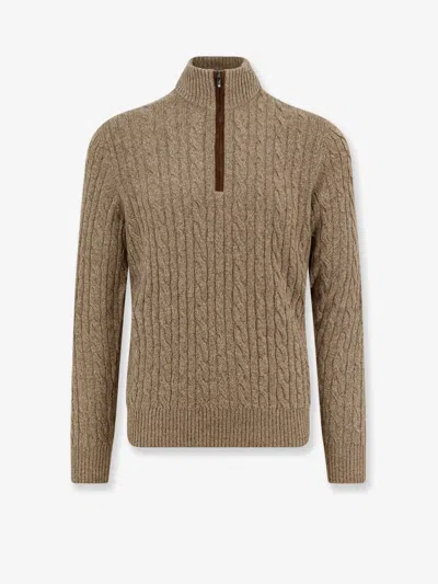 Loro Piana Men Cashmere Sweater With Rib Knit In Brown