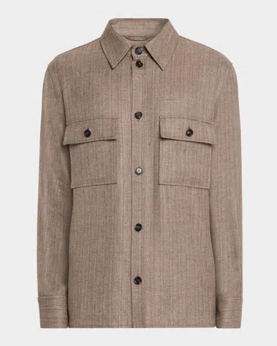 LORO PIANA MEN'S JIM WOOL AND LINEN HERRINGBONE OVERSHIRT