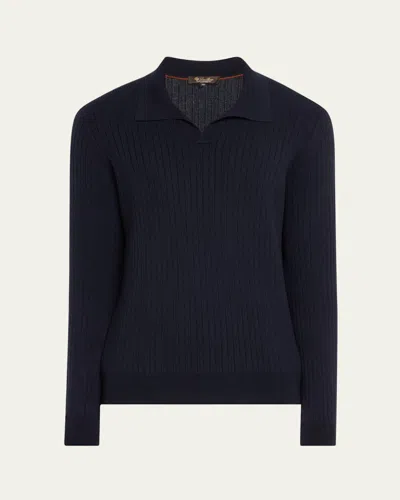 Loro Piana Men's Lexington Baby Cashmere Ribbed Polo Sweater In Navy
