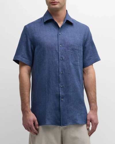 Loro Piana Men's Linen Pocket Sport Shirt In Blue Still Water