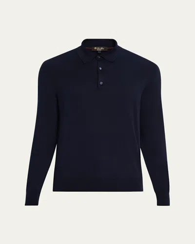 Loro Piana Men's Loro Island Cotton Giza Long-sleeve Polo Shirt In Blue