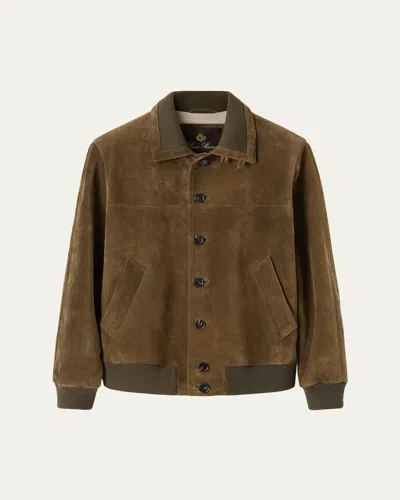 Loro Piana Ribbed Knit-trimmed Suede Bomber Jacket In Green