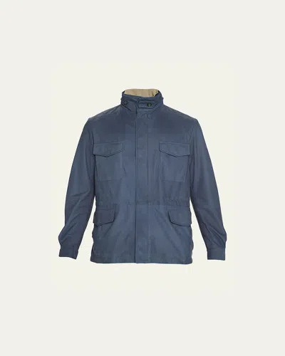 Loro Piana Men's Nubuck Leather Traveller Zip Jacket In Stellar Blue