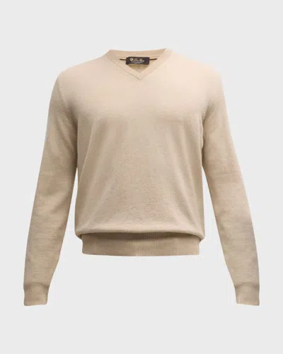Loro Piana Men's Scollo Baby Cashmere V-neck Sweater In Natural Melange