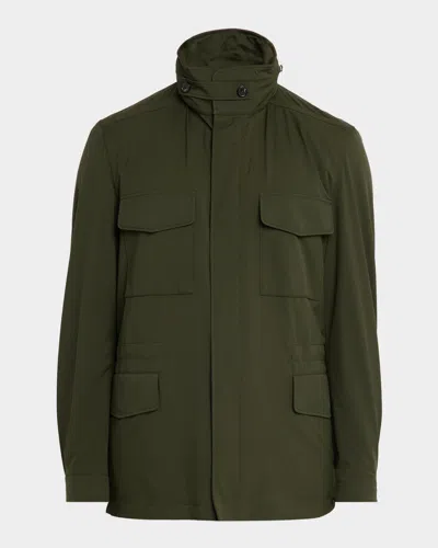 Loro Piana Men's Traveller Storm System Microfiber Field Jacket With Hood In Green