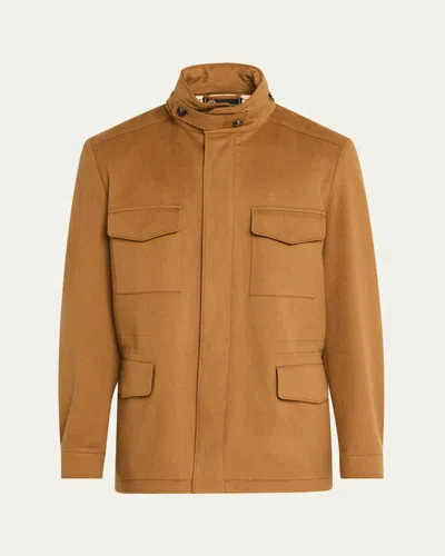 Loro Piana Men's Vicuna Wool Full-zip Field Jacket In Brown