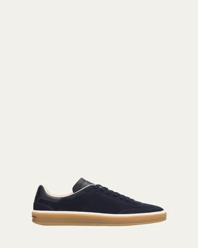 Loro Piana Mixed Leather Low-top Tennis Sneakers In Blue Navy