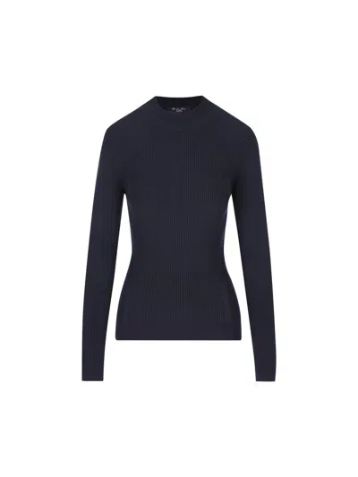 Loro Piana Mockneck Ribbed Sweater In Navy