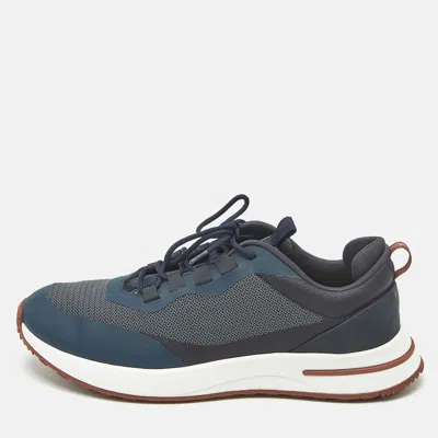 Pre-owned Loro Piana Navy Blue Knit Fabric And Leather Week End Walk Lace Up Sneakers Size 42