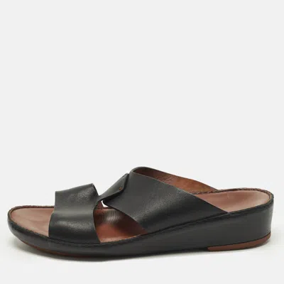 Pre-owned Loro Piana New Buckle Size 43.5 Black Leather Slide Sandals