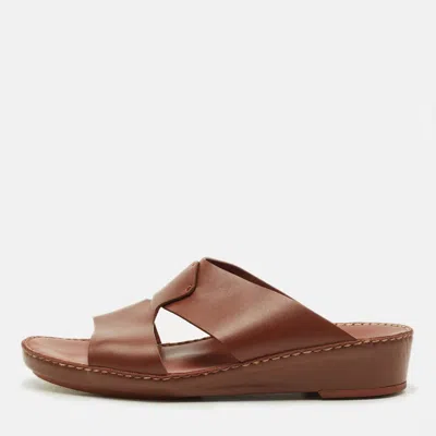 Pre-owned Loro Piana New Buckle Size 43.5 Brown Leather Slide Sandals