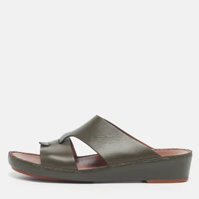 Pre-owned Loro Piana New Buckle Size 43.5 Green Leather Slide Sandals