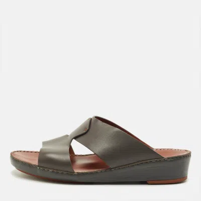 Pre-owned Loro Piana New Buckle Size 43.5 Grey Leather Slide Sandals In Gray