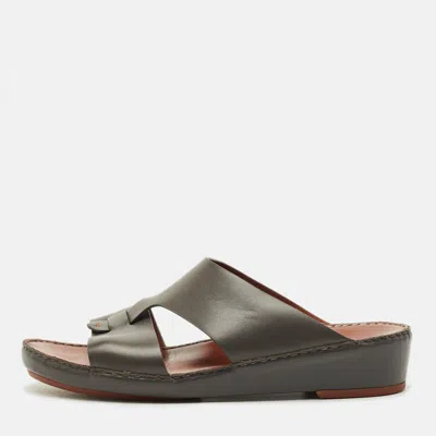 Pre-owned Loro Piana New Buckle Size 43.5 Grey Leather Slide Sandals In Gray