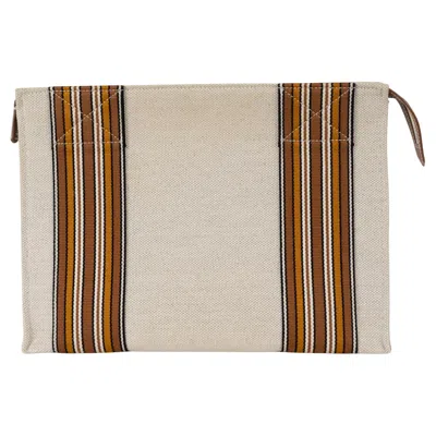 Pre-owned Loro Piana Oatmeal Canvas 2022 Webbing Trim Pouch Bag In Sand