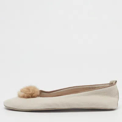 Pre-owned Loro Piana Odette Size 38 Cream Cashmere And Mink Fur Ballet Flats In White