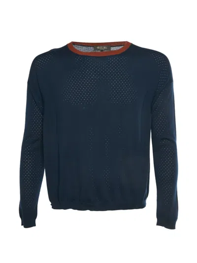 Pre-owned Loro Piana Perforated-knit Crew-neck Sweater In Blue