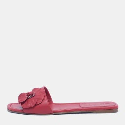 Pre-owned Loro Piana Red Leather Floral Applique Flat Slides Size 40