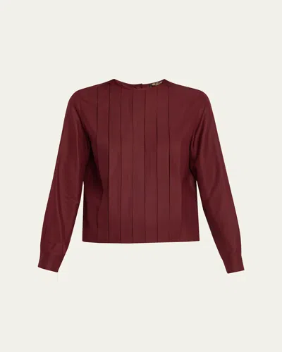 Loro Piana Rossana Pleated Light Shantung Silk Shirt In Burgundy