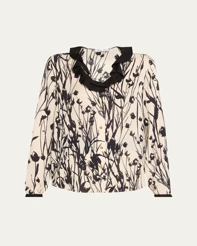 Loro Piana Samantha Campo Di Lino-print Silk Ruffle Shirt In T1nk Clear Oyster/bl