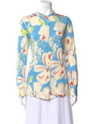 Pre-owned Loro Piana Silk Floral Print Blouse W/ Tags In Blue