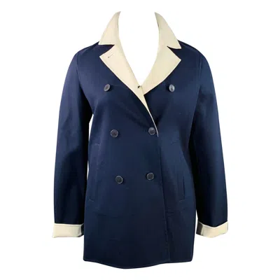Pre-owned Loro Piana Size 12 Caleb Navy White Cotton Blend Twill Double Breasted Jacket Blazer