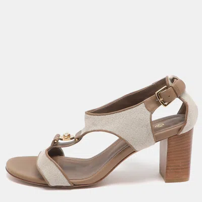 Pre-owned Loro Piana Size 37 Beige Canvas And Leather Ankle Strap Sandals