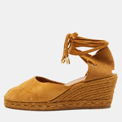 Pre-owned Loro Piana Size 38 Brown Raffia And Suede Wedge Pumps