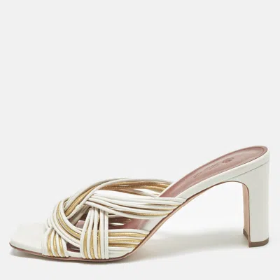 Pre-owned Loro Piana Size 40.5 White/gold Leather Strappy Slide Sandals