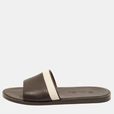 Pre-owned Loro Piana Size 43 Dark Brown/beige Leather And Canvas Flat Slide