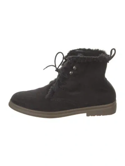 Pre-owned Loro Piana Suede Faux Fur Trim Lace-up Boots In Black