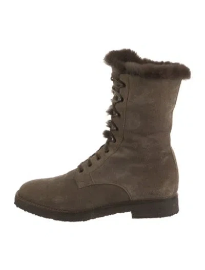 Pre-owned Loro Piana Suede Fur Trim Combat Boots In Gray