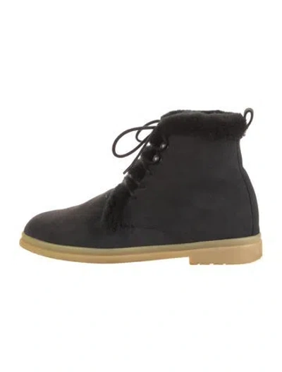 Pre-owned Loro Piana Suede Fur Trim Lace-up Boots In Black/grey