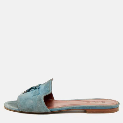 Pre-owned Loro Piana Summer Charms Size 38 Blue Suede Flat Slide