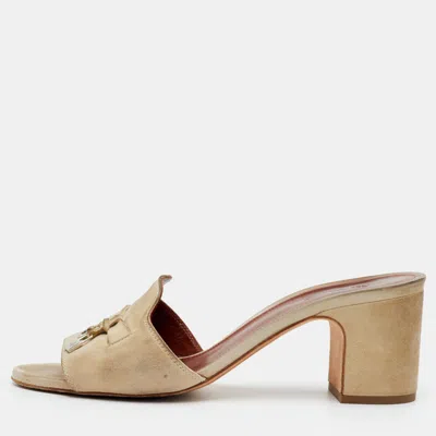 Pre-owned Loro Piana Summer Charms Size 39.5 Taupe Beige Suede Block Heel Slide Sandals