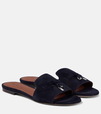 Loro Piana Summer Charms Suede Slides In Blue