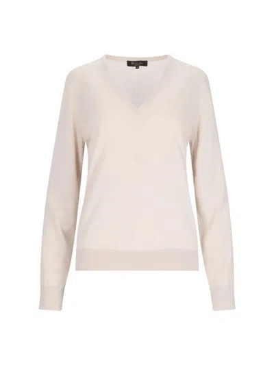 Loro Piana Classic V-neck Knitwear With Ribbed Details In Neutral