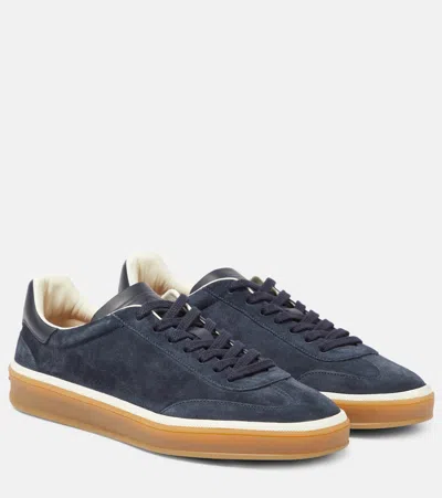Loro Piana Mixed Leather Low-top Tennis Sneakers In Blue