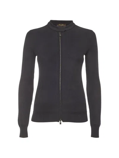 Pre-owned Loro Piana Textured-knit Zip-up Cardigan In Blue