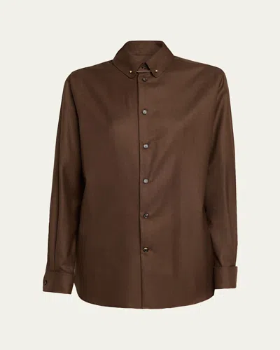 Loro Piana Thea Collar-pin Wool Button-down Shirt In Brown