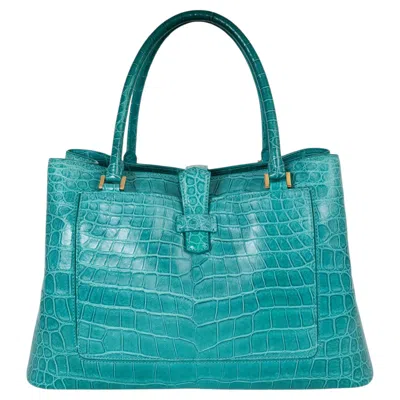 Pre-owned Loro Piana Turquoise Crocodile Bellevue Large Cocco Tote Bag In Blue