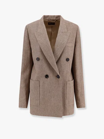 Loro Piana Genny Double-breasted Herringbone Linen Blazer In Brown