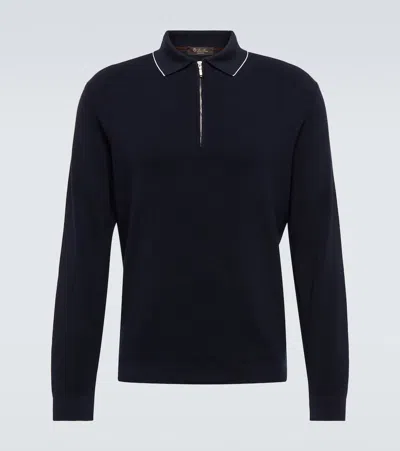 Loro Piana Wool And Silk Polo Sweater In Blue Navy