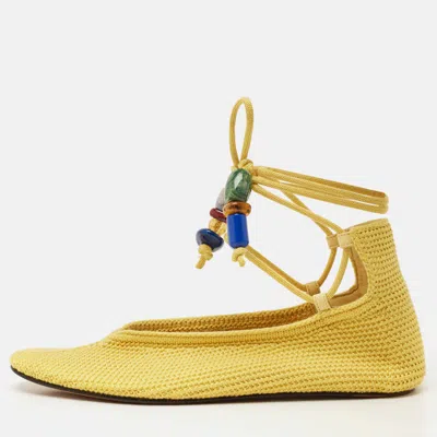 Pre-owned Loro Piana Yellow Knit Fabric Bingin Crochet Ankle Tie Ballet Flats Size 38