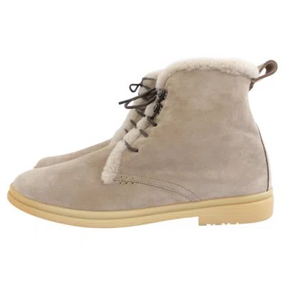 Pre-owned Loro Piana Ylvi Walk Fur Lined Lace Up Ankle Boots Beige Suede In Brown