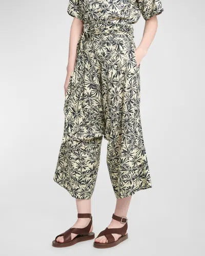 Loro Piana Yuki Flower-print Wrap-waist Wide-leg Crop Linen Pants In T1j3 Blue Navy+nouga