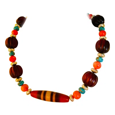Pre-owned Lorraine’s Bijoux Lb Offers Carved Wood Turquoise Coral Silver Crystals Sterling Silver Necklace In Red