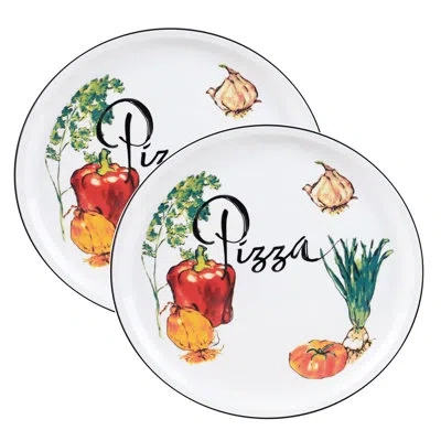 Lorren Home Trends 2 Piece Round 12" Pizza-serving Platters, Vegetable Design In White